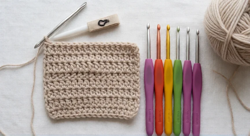 como aumentar un punto en crochet, Muestra rectangular de crochet con aumento visible en el centro y ganchillos de distintos tamaños al lado