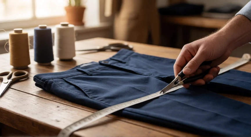 como aumentar una talla a un pantalon, Manos de sastre midiendo y abriendo costura de un pantalón en taller