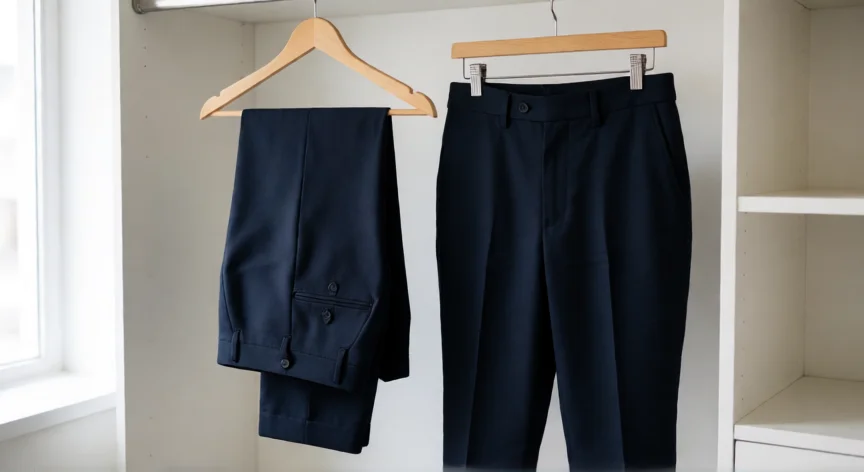 como aumentar una talla a un pantalon, Pantalones colgados en percha comparando dos tallas en un armario ordenado