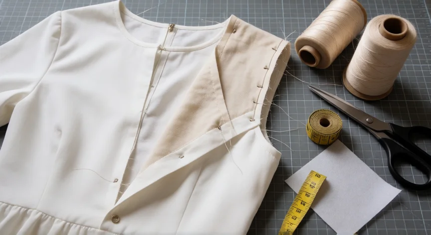 como aumentar una talla a un vestido, Vestido blanco con panel insertado en el hombro sobre mesa de costura con herramientas
