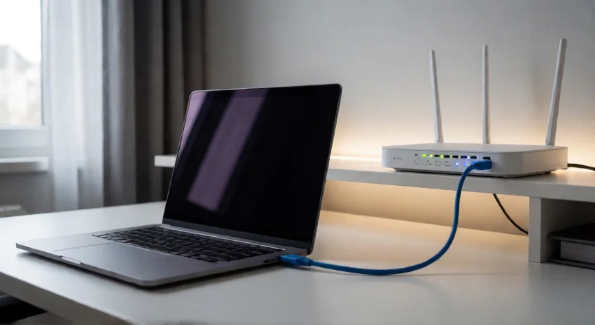 Portátil conectado por cable Ethernet a un router Wi-Fi 6 en una mesa de trabajo