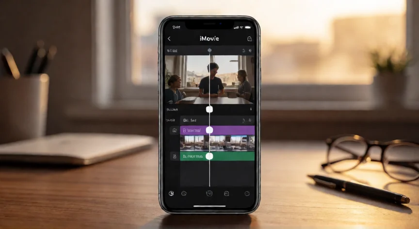 como aumentar velocidad video iphone, iMovie en iPhone mostrando línea de tiempo con clips de diferente velocidad