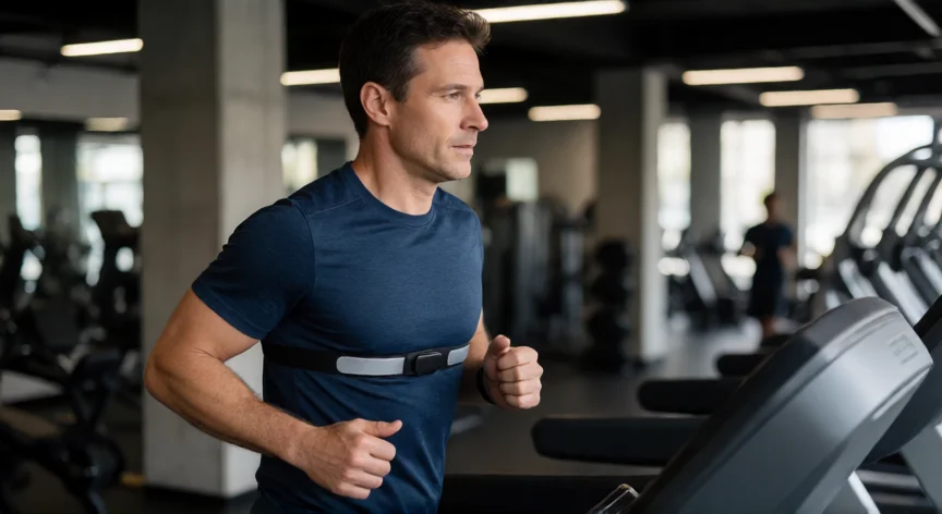 como aumentar vo2 max, Atleta entrenando intervalos de alta intensidad en cinta de correr con monitor de frecuencia cardíaca