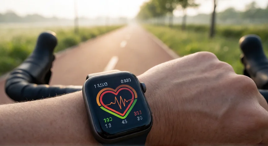 como aumentar vo2 max, Pantalla de reloj deportivo mostrando zonas de frecuencia cardíaca durante entrenamiento de ciclismo