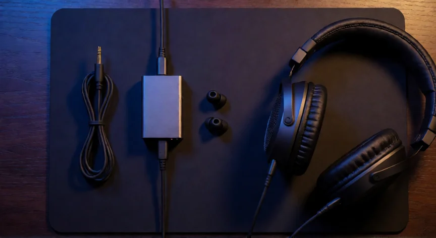 como aumentar volumen a mis audifonos, Amplificador de auriculares externo conectado a unos auriculares sobre un escritorio