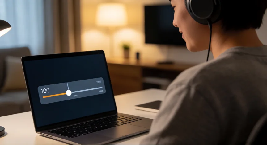 como aumentar volumen auriculares, Persona usando auriculares de diadema con el volumen al máximo en el portátil
