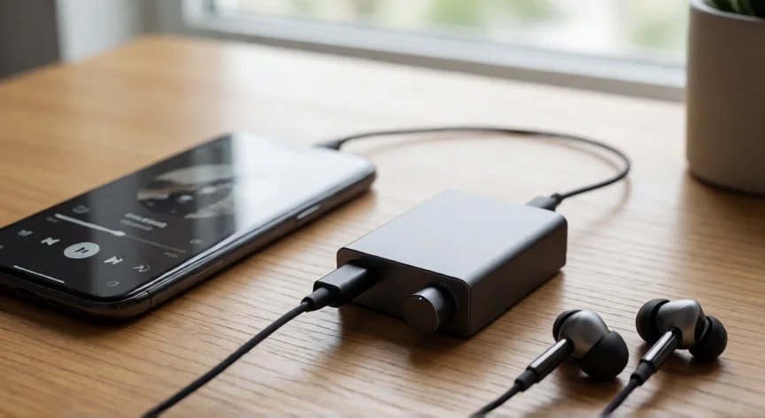 como aumentar volumen auriculares, Pequeño amplificador USB DAC conectado a auriculares de cable sobre un escritorio