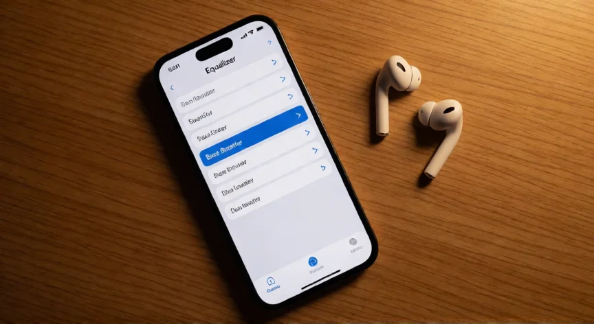 como aumentar volumen iphone, iPhone con ecualizador activo junto a unos audífonos inalámbricos sobre una mesa