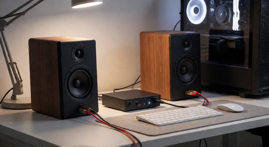 como aumentar volumen pc, Setup de audio con DAC USB y altavoces externos conectados a un ordenador de sobremesa
