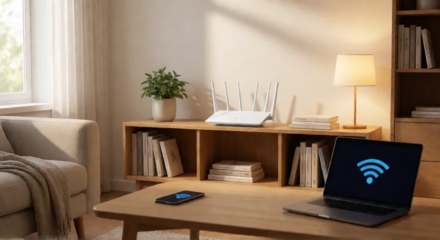como aumentar wifi, Router WiFi bien ubicado en el centro de una sala de estar para maximizar la cobertura