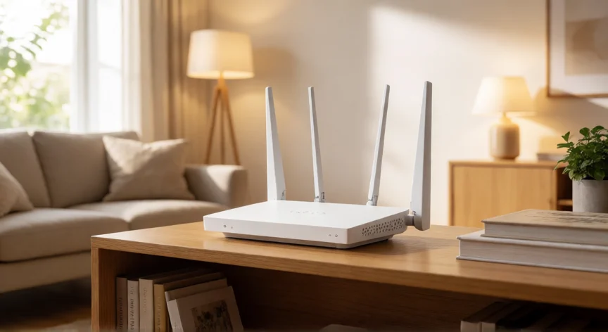 como aumentar wifi sinal, Router WiFi colocado en posición elevada y céntrica en un salón luminoso