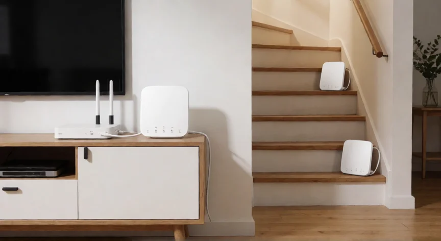 como aumentar wifi sinal, Sistema de malla WiFi con tres nodos distribuidos en un piso de dos plantas