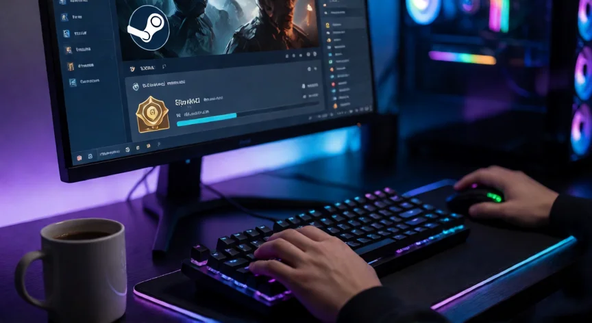 como aumentar xp na steam, Setup de gamer com o cliente Steam aberto mostrando a barra de XP e nível do perfil
