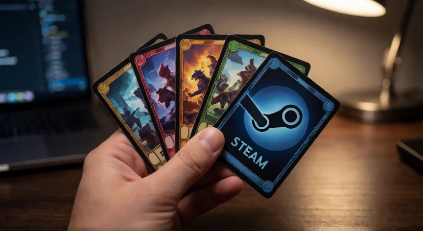 como aumentar xp na steam, Mão segurando cinco cards de troca da Steam prontos para ser apontados em uma badge