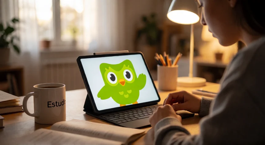 como aumentar xp no duolingo, Persona estudiando en Duolingo con su tablet en un escritorio hogareño