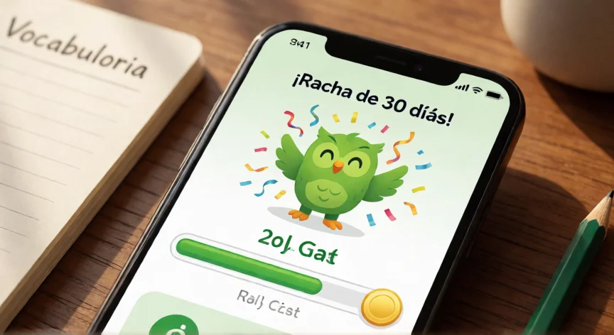 como aumentar xp no duolingo, Teléfono mostrando racha de 30 días en Duolingo sobre un escritorio