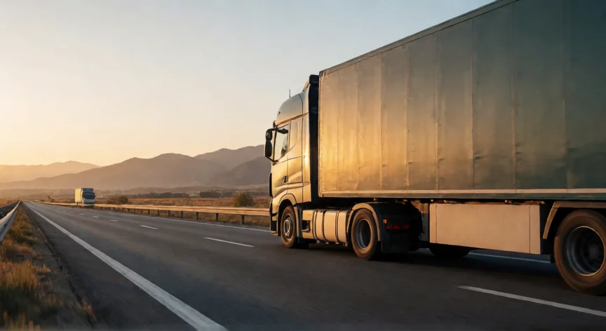 como aumentar xp no euro truck simulator 2, Camión de larga distancia en autopista europea al atardecer