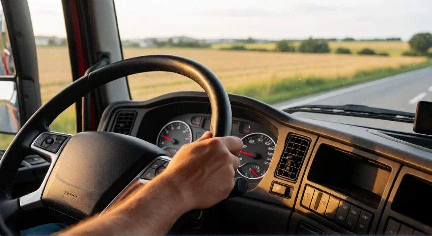 como aumentar xp no euro truck simulator 2, Manos del conductor al volante con paisaje europeo al fondo