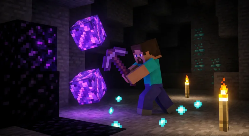 como aumentar xp no minecraft, Jugador de Minecraft minando obsidiana con pico de netherite en una cueva oscura