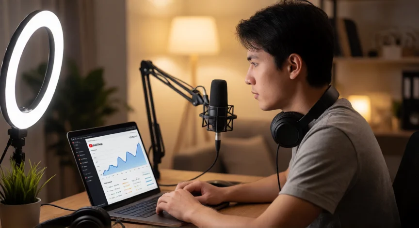 como aumentar xp no youtube, Creador de contenido analizando métricas en YouTube Studio en su estudio casero