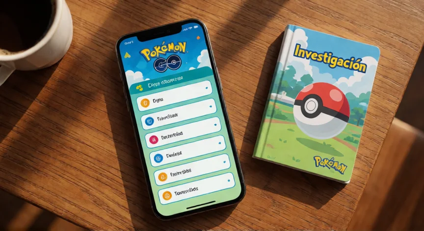 como aumentar xp pokemon go, Pantalla de investigación diaria de Pokémon Go sobre una mesa de madera