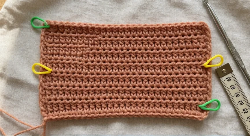 como aumentar y disminuir puntos en crochet, Muestra de crochet con aumentos y disminuciones alternos, marcadores de puntos y ganchillo sobre tela de lino