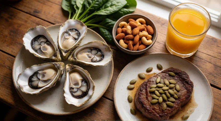 como aumentar zinc, Comida rica en zinc con ostras, carne roja, semillas de calabaza y frutos secos sobre mesa de madera