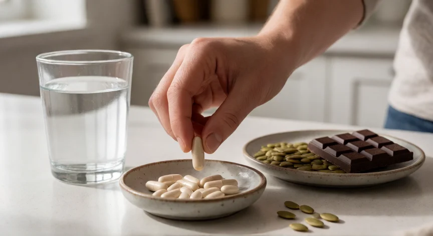 como aumentar zinc, Suplemento de zinc bisglicinato junto a semillas de calabaza y chocolate negro sobre encimera de cocina