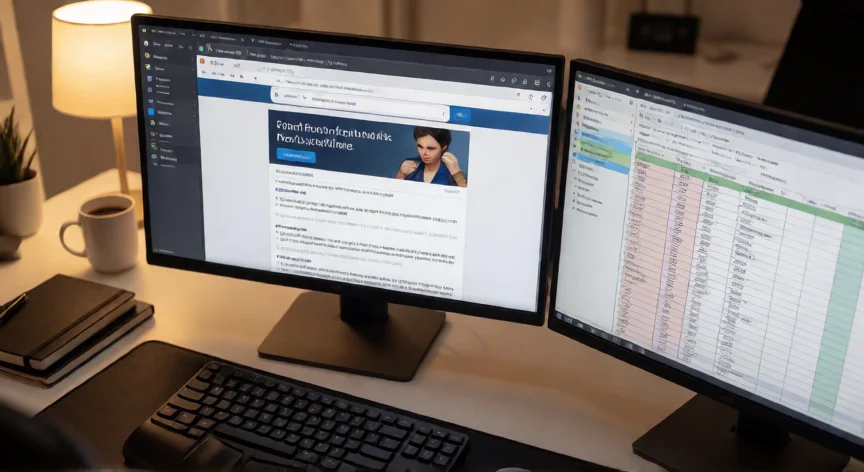 como aumentar zoom con el teclado, Estación de trabajo con dos monitores mostrando zoom ampliado en navegador y hoja de cálculo