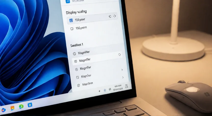 como aumentar zoom en laptop, Ventana de ajustes de escala y lupa de Windows en pantalla de laptop