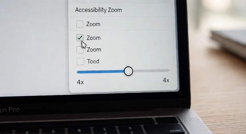 como aumentar zoom en mac, Panel de ajustes de Accesibilidad de Zoom en macOS con el control deslizante visible