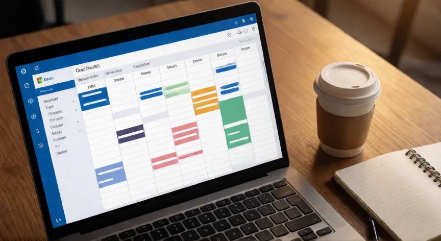 como aumentar zoom en outlook, Pantalla de Outlook con vista de calendario semanal aumentada en un escritorio de oficina