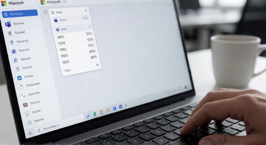 como aumentar zoom en teams, Pantalla de Teams mostrando el menú de zoom con opciones de porcentaje y teclado con Ctrl más