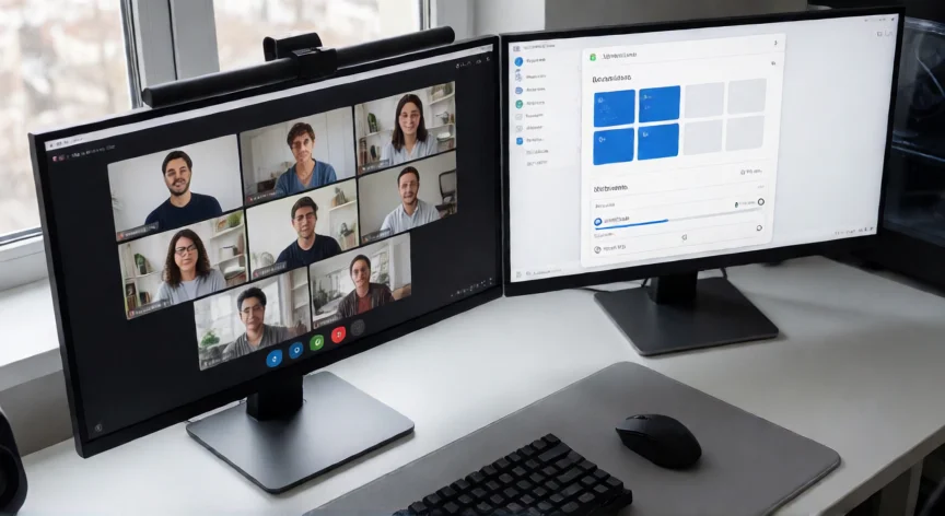 como aumentar zoom en teams, Estación de trabajo con dos monitores mostrando videollamada Teams y ajustes de escala de Windows