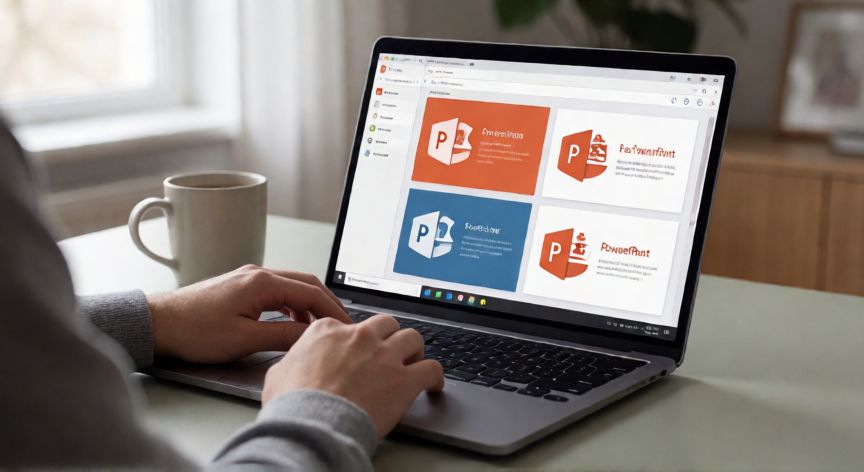 como baixar powerpoint no notebook, Pessoa usando o Microsoft PowerPoint em um notebook em ambiente de escritório moderno