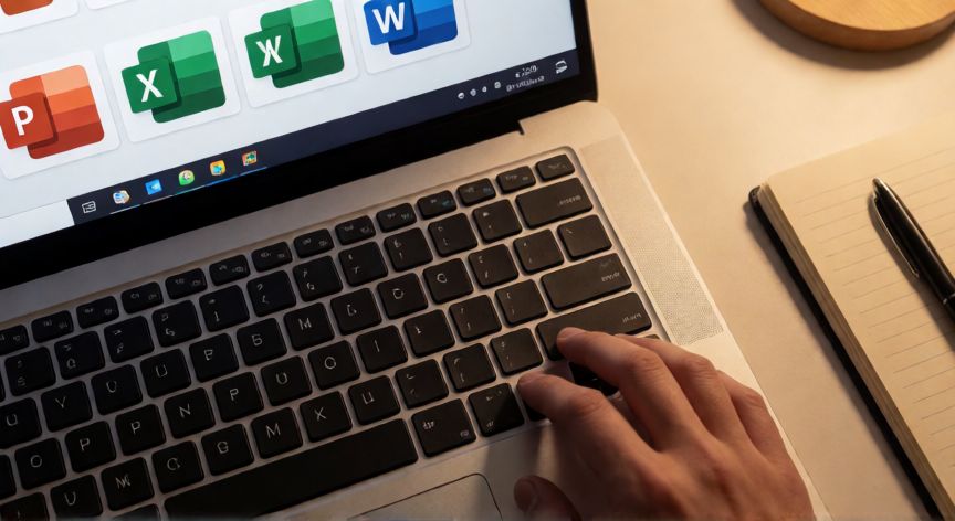 como baixar powerpoint no notebook, Visão de cima de um notebook com os ícones do Microsoft Office na barra de tarefas, incluindo o PowerPoint