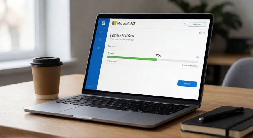 Notebook aberto mostrando a tela de instalação do Microsoft 365 em andamento