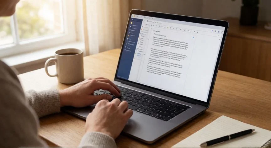 Pessoa usando processador de texto em notebook em home office