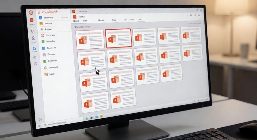 como borrar diapositivas en powerpoint, Vista de PowerPoint en modo clasificador de diapositivas con una diapositiva seleccionada para eliminar