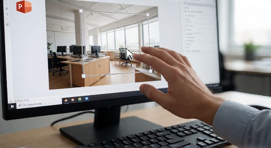 como borrar en powerpoint una imagen, Pantalla de PowerPoint con una imagen seleccionada y el cursor del ratón sobre ella, lista para ser eliminada con la tecla Supr
