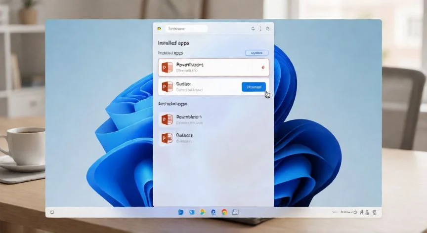 como borrar powerpoint, Pantalla de Windows 11 mostrando la sección de aplicaciones instaladas con PowerPoint seleccionado para desinstalar