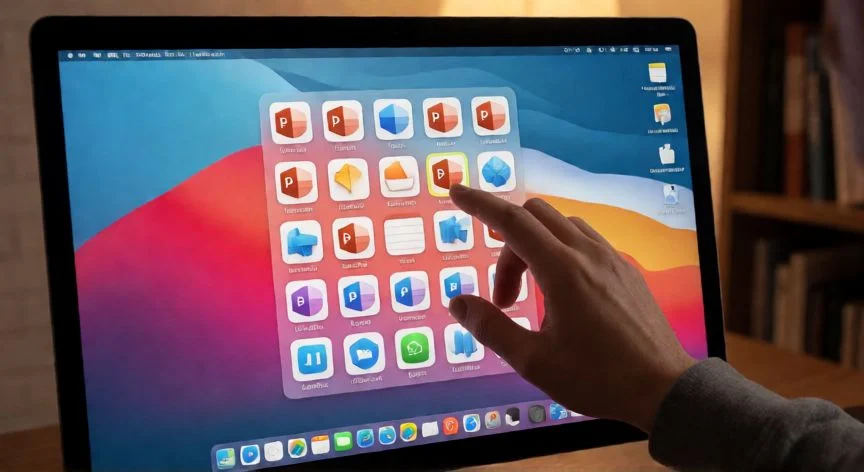 como borrar powerpoint, Pantalla de macOS con el Launchpad abierto eliminando la aplicación PowerPoint mediante presión larga