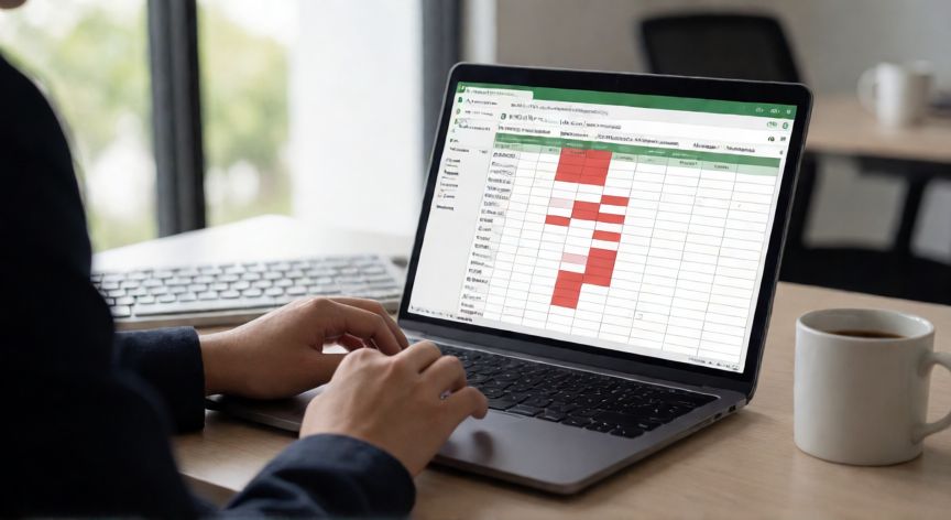 como buscar en excel duplicados, Persona usando Excel para identificar celdas duplicadas resaltadas en rojo
