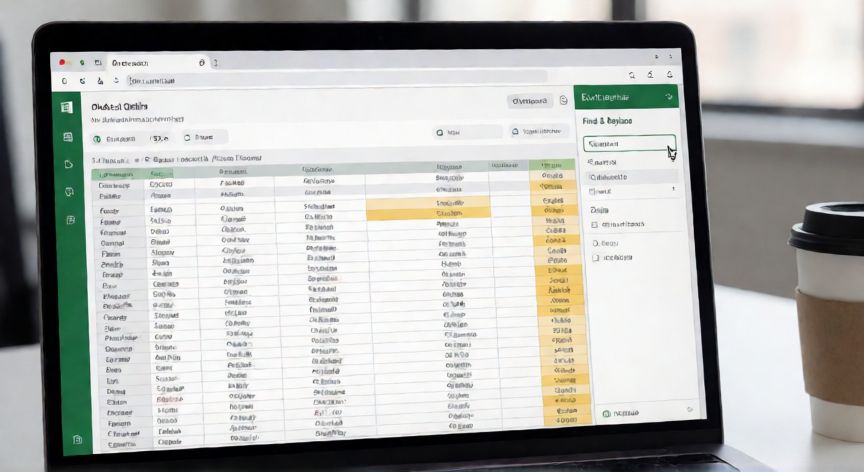 como buscar en excel online, Pantalla de Excel Online con el panel lateral de búsqueda abierto resaltando coincidencias en la hoja de cálculo