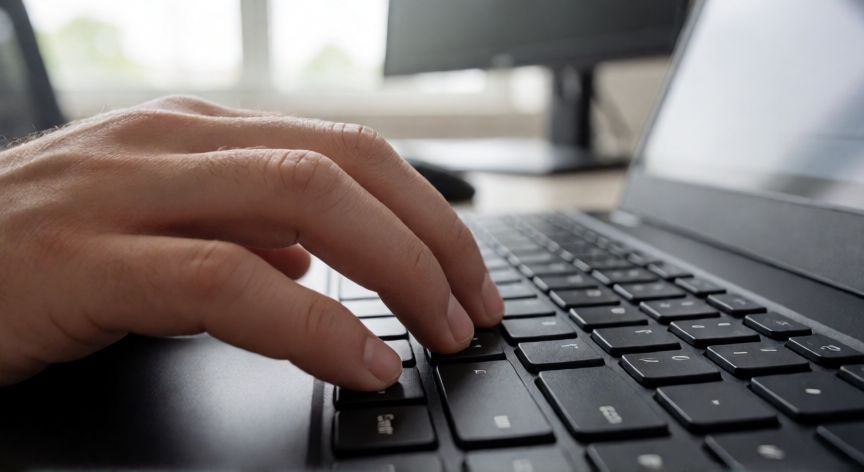 como buscar en excel online, Mano presionando las teclas Ctrl más Shift más F en un teclado de portátil para activar la búsqueda en Excel