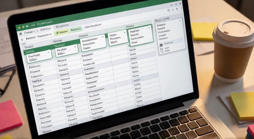 como buscar en excel un dato, Hoja de Excel con filtros activos mostrando filas filtradas por el dato buscado, vista cenital sobre escritorio