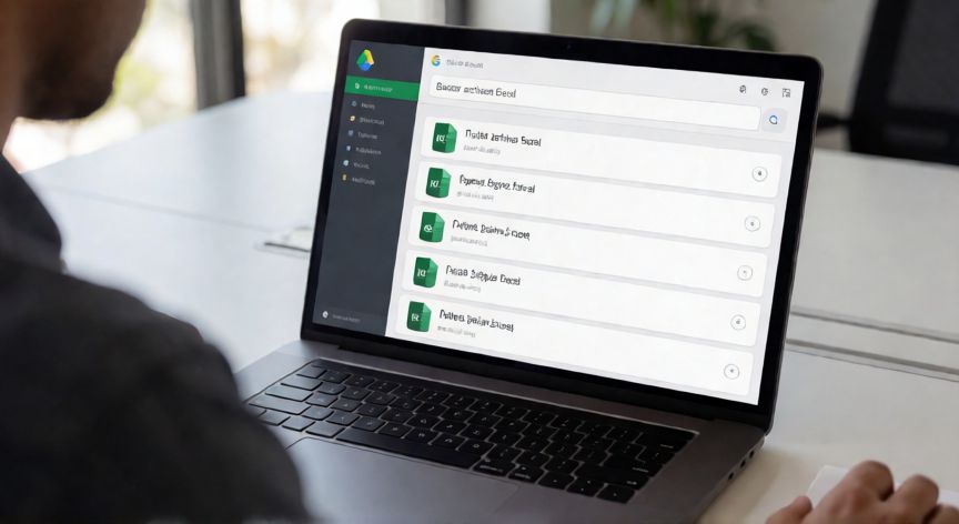 como buscar excel drive, Persona buscando archivos Excel en Google Drive desde un portátil