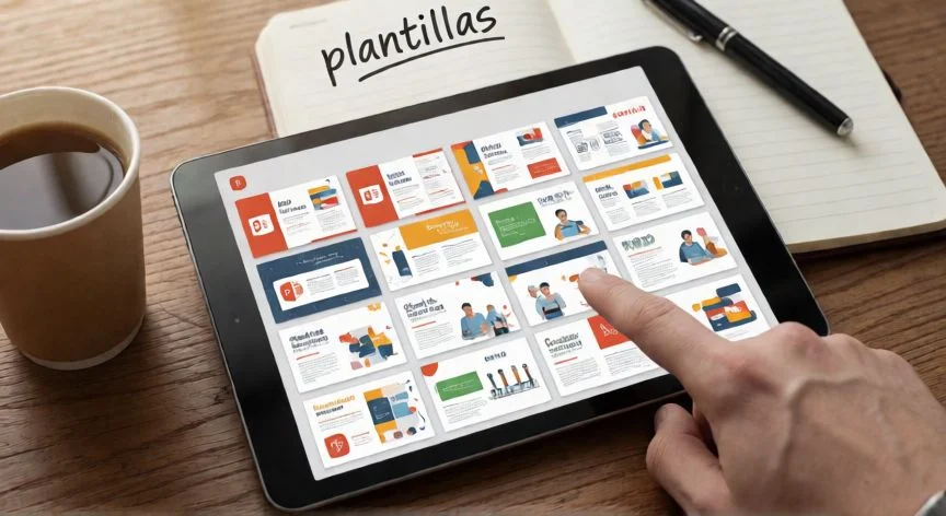 como buscar presentaciones en powerpoint ya hechas, Tablet mostrando galería de plantillas de presentaciones con diseño de negocios