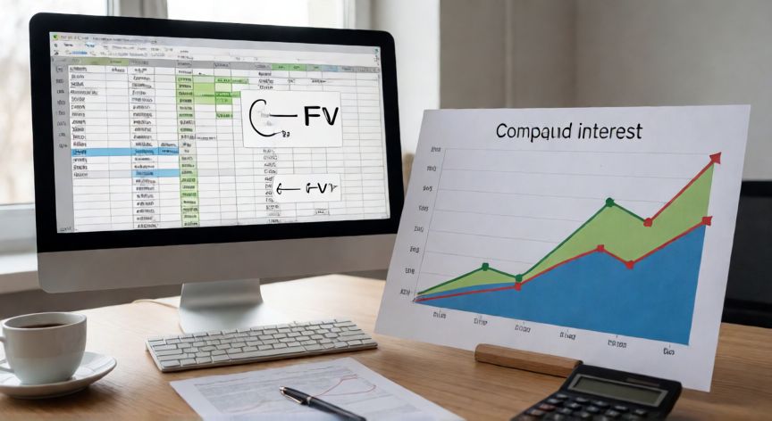 como calcular en excel interes compuesto, Escritorio con pantalla mostrando función VF de Excel y gráfico comparativo de interés simple y compuesto
