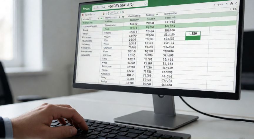 como calcular en excel la desviacion estandar, Fórmula STDEV.S en la barra de fórmulas de Excel con datos numéricos en la hoja de cálculo